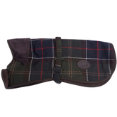 Plaid dog coat with a buckle on a white background